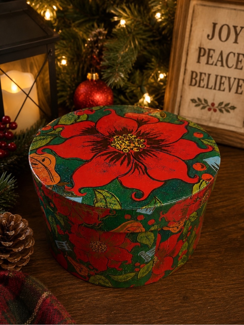 Vintage Christmas Poinsettia Round Gift Box Floral Fruit Paperboard 9.5” Decor